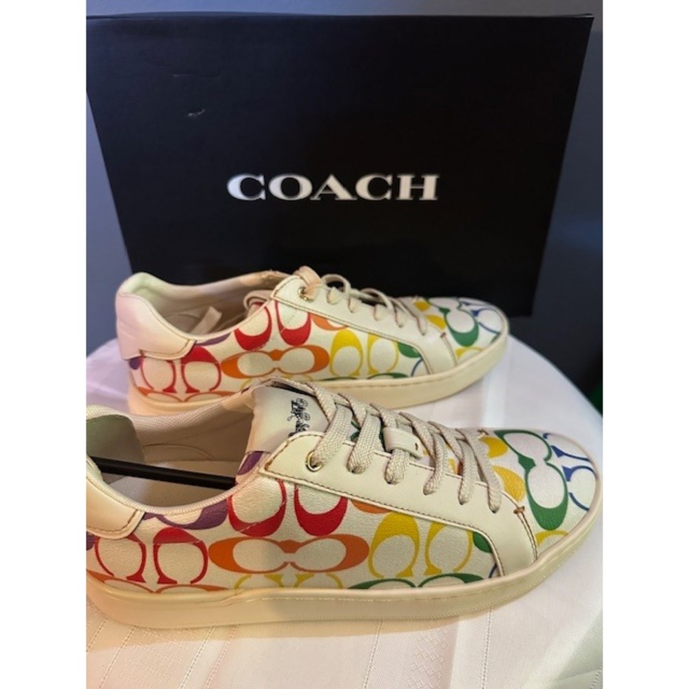 Coach Clip Pride Signature Low Top White Multi Rainbow Sneakers C1865 Womens 9B - Picture 4 of 8